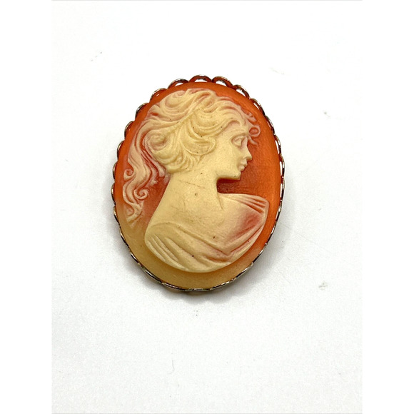 VINTAGE Gold Tone Lady CAMEO Pin Brooch Orange And Cream - Picture 1 of 8